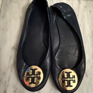 Tory Burch Dark Blue Flats with Gold Emblem